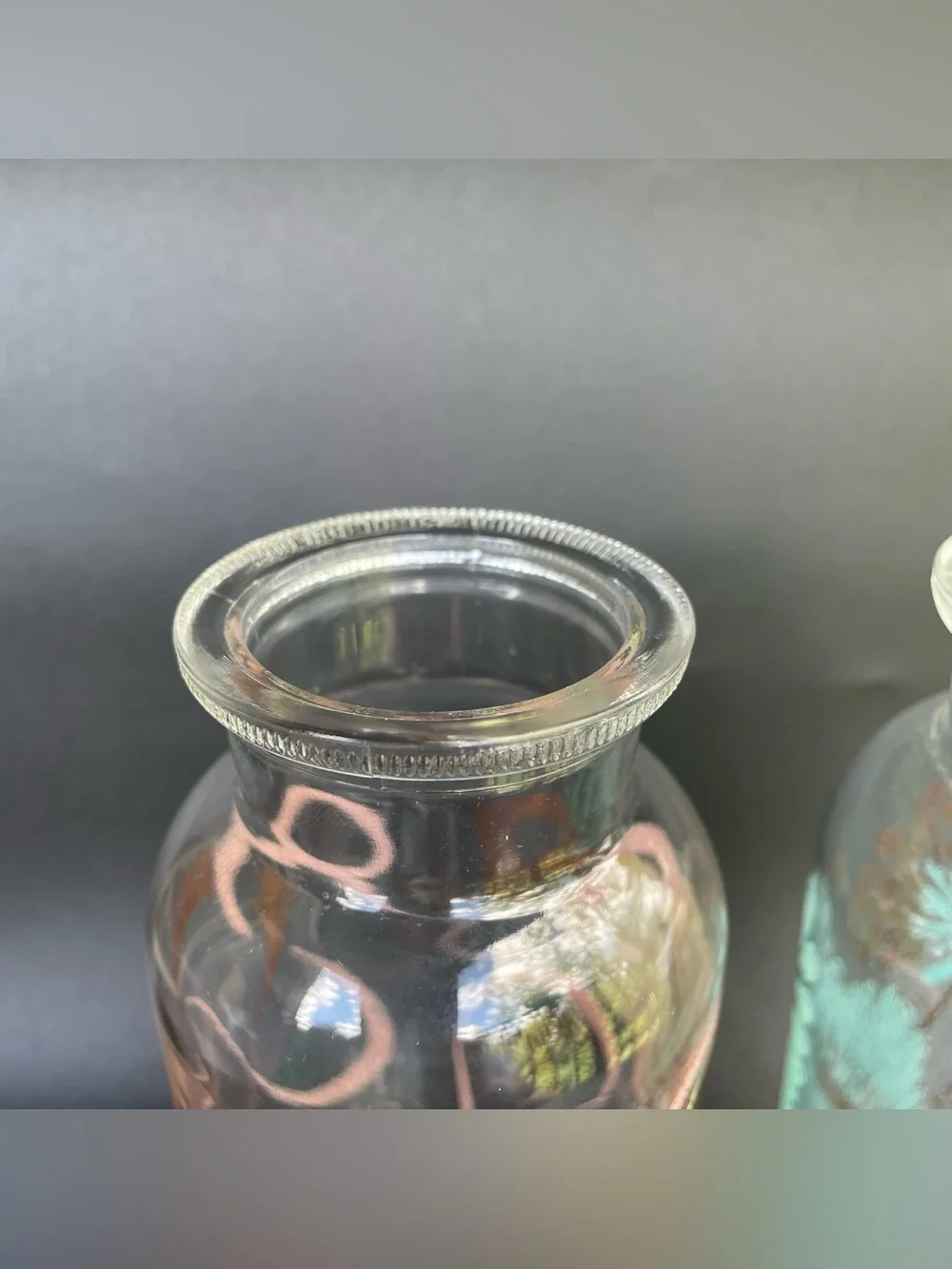 2 Vintage Glass Bubble Bath Bottles  Jars Pink Blue Gold Cloud 9 MCM Lids Labels